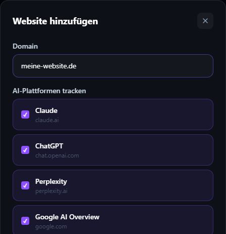 Website zur AuditAI KI-Sichtbarkeit hinzufügen — Domain und KI-Plattformen auswählen